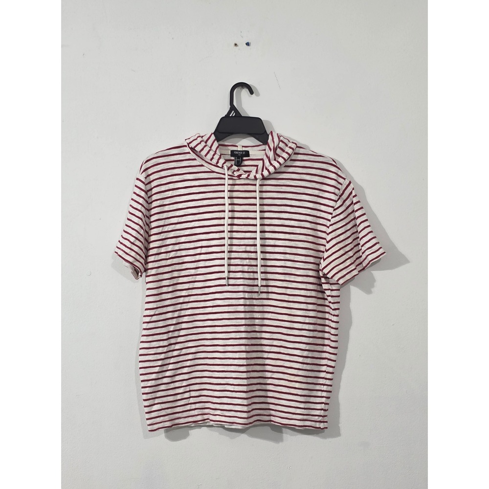 Forever 21 Men Red White Striped Short Sleeve Hoodie Size L
